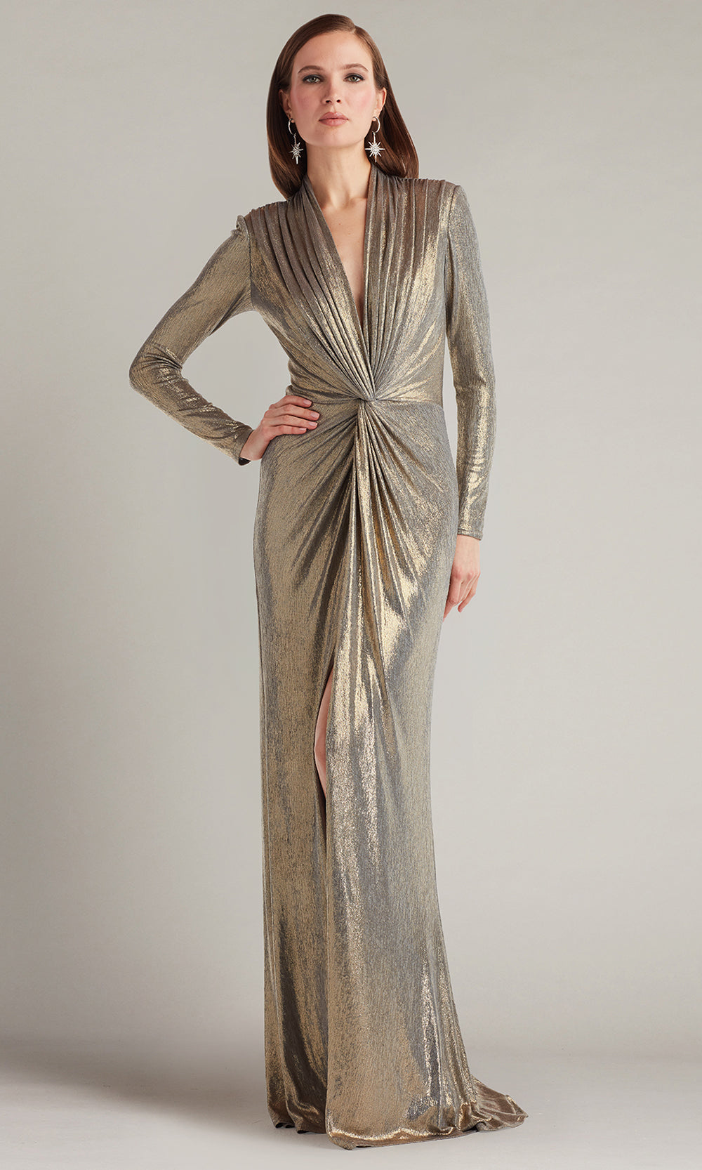 Tadashi Shoji BSJ24035L - Plunging V-Neck Ferrum Metallic Twist Drape Gown Mother of the Bride Dresses in Gray  