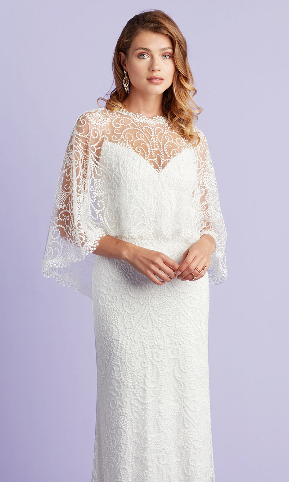 Tadashi Shoji BTW22023LBR - Eagen Draped Overlay Embroidered Sheath Gown Bridal Dresses in White  