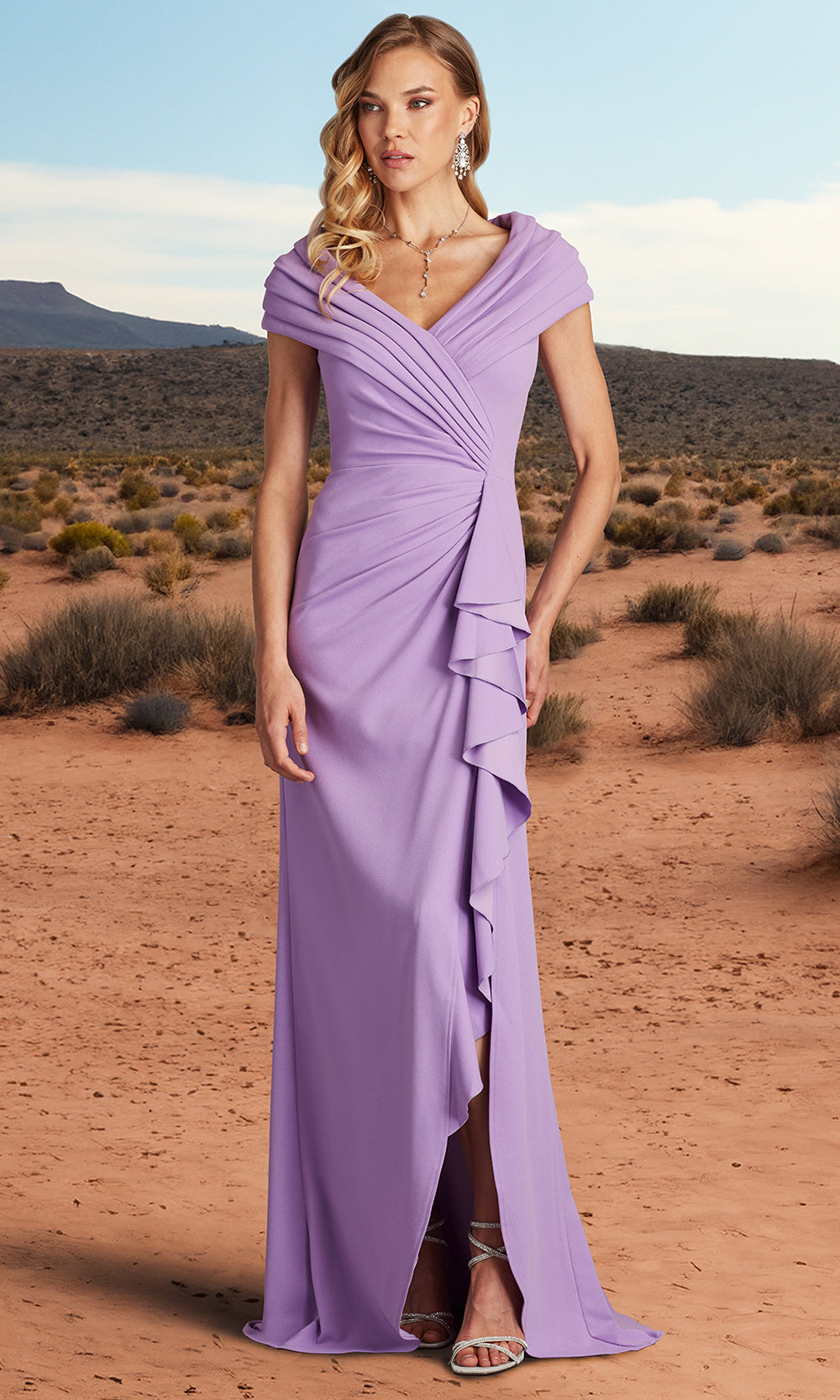 Tadashi Shoji BOS24740L - Talise Waterfall Flounce Sheath Evening Gown Prom Dresses in Purple  