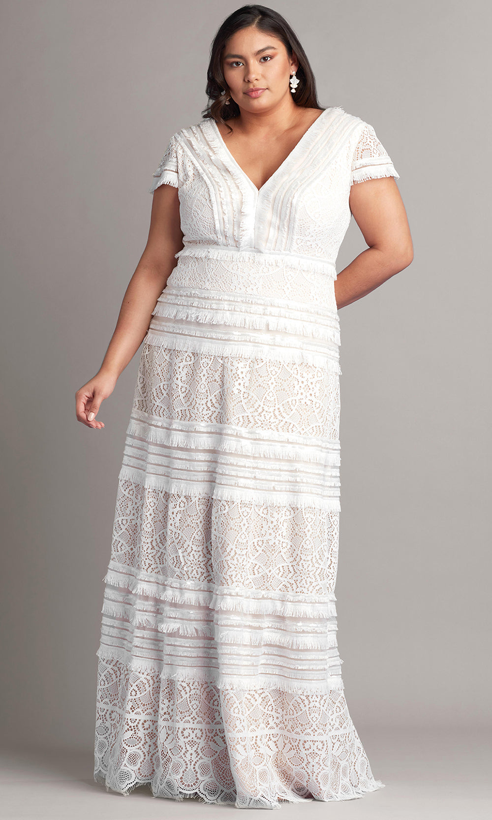 Tadashi Shoji BQU20696LBRQ - Short Sleeve Allover Lace Plus Size Gown Wedding Dresses in White  
