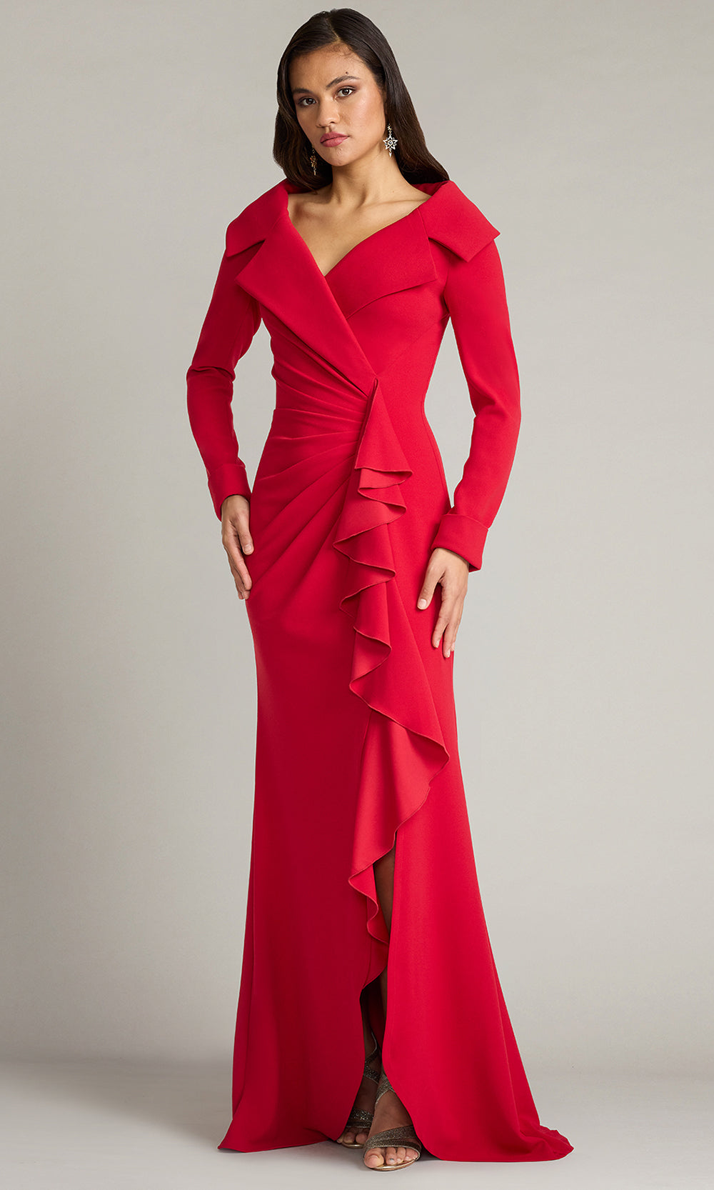 Tadashi Shoji BOS26178L - Noma Portrait Collar Long Sleeve Formal Gown Mother of the Bride Dresses in Red  
