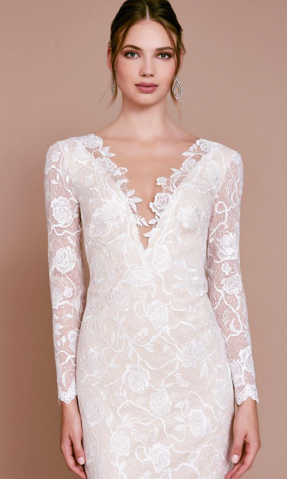 Tadashi Shoji AYB17396LBR - Long Sleeve Embroidered Column Margery Gown Wedding Dresses in White  