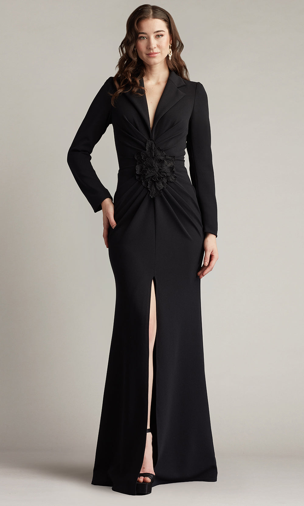Tadashi Shoji BOS25531L - Ardela Center Front Ruffle Slit Evening Gown Prom Dresses in Black  