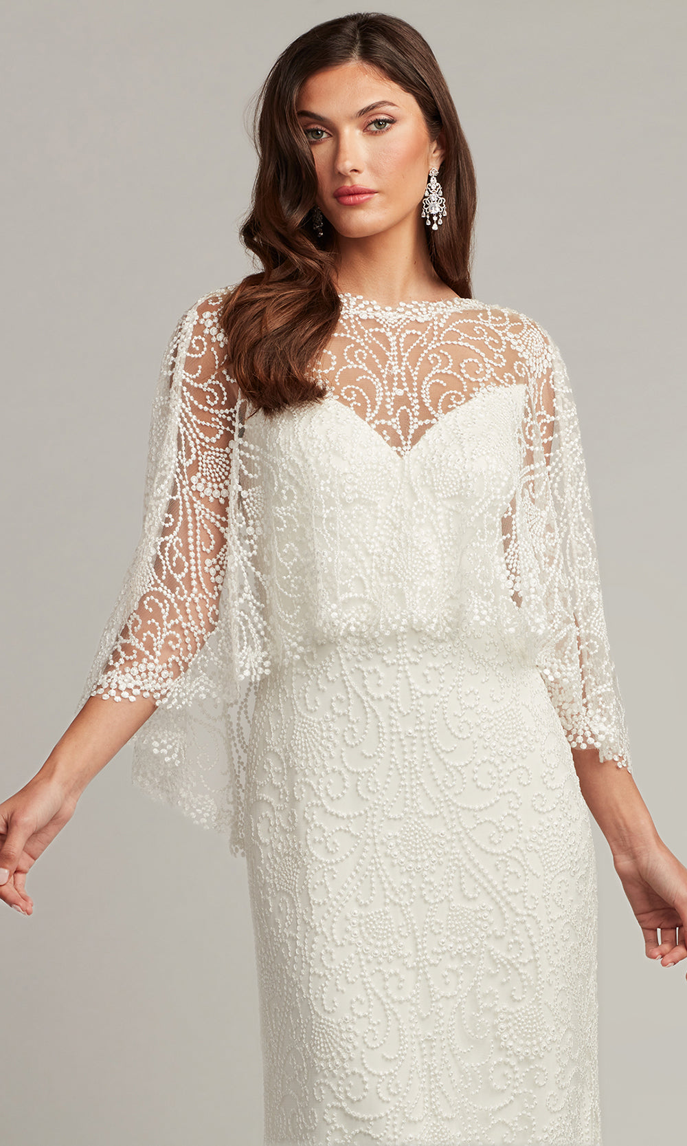 Tadashi Shoji BTW22023LBR - Eagen Draped Overlay Embroidered Sheath Gown Bridal Dresses in White  