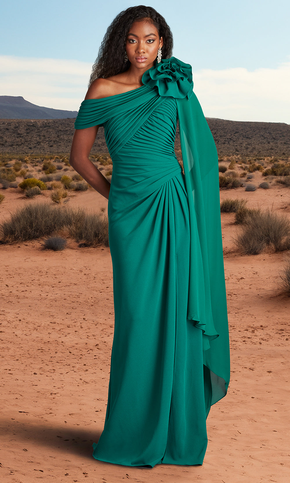 Tadashi Shoji BOS24012L - Kamari Draped Rosette Shoulder Crepe Gown Mother of the Bride Dresses