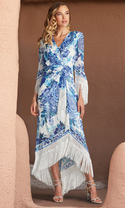 Tadashi Shoji CHZ25450MD - V-Neck Mair Floral Print Tassel Fringe Wrap Dress Formal Gowns