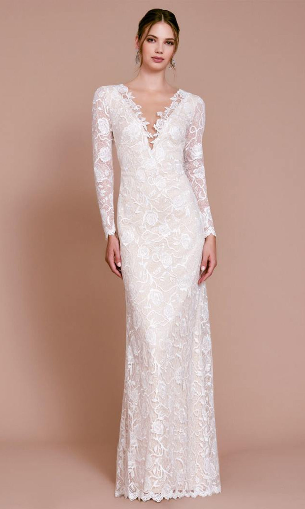 Tadashi Shoji AYB17396LBR - Long Sleeve Embroidered Column Margery Gown Wedding Dresses in White  