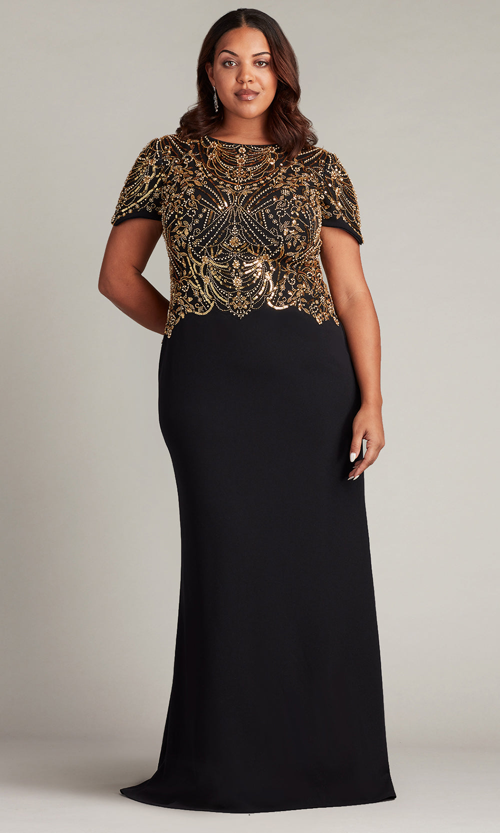 Tadashi Shoji CCY23406LQ - Edry Embellished Crepe Formal Gown - Plus Size Mother of the Bride Dresses in Gold and Black