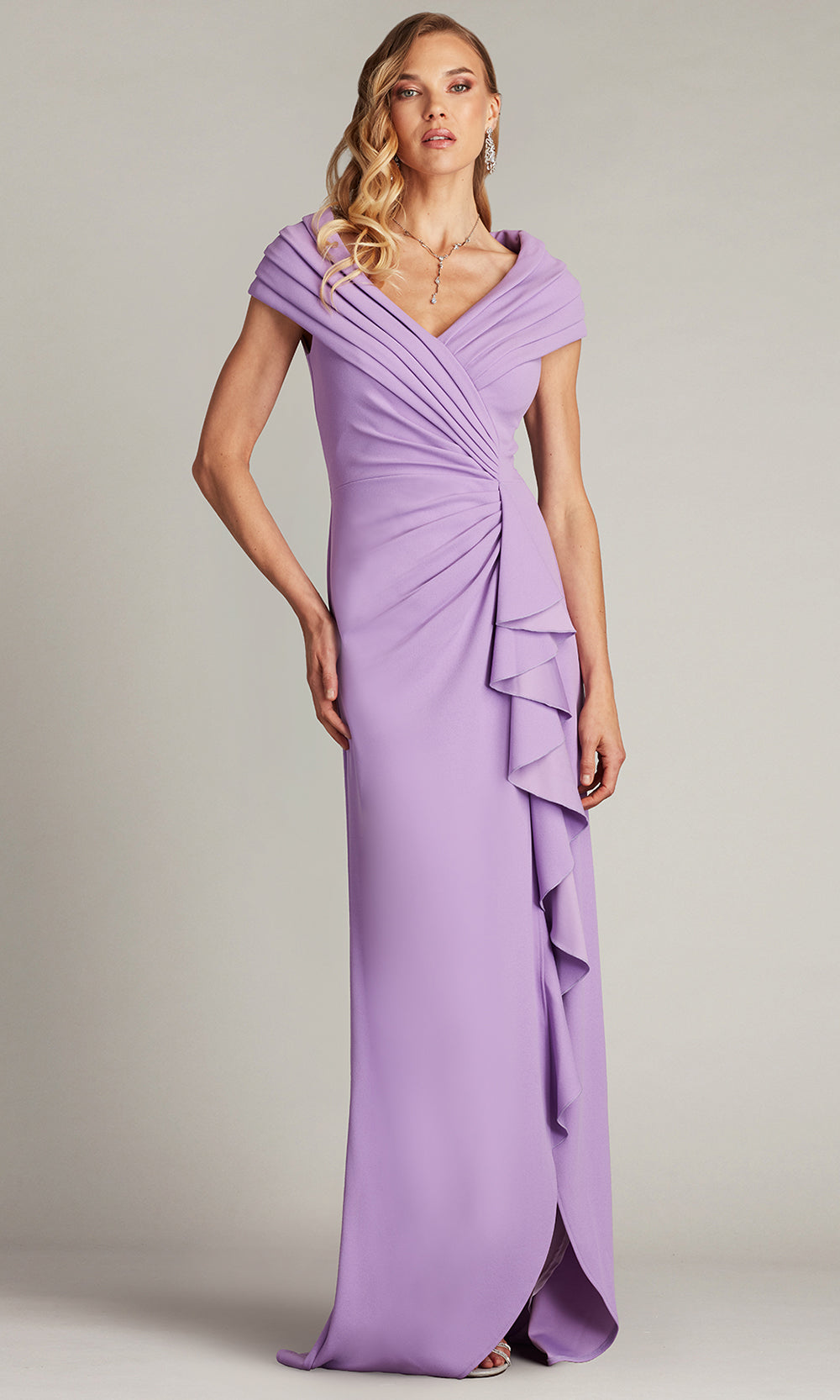 Tadashi Shoji BOS24740L - Talise Waterfall Flounce Sheath Evening Gown Prom Dresses in Purple  