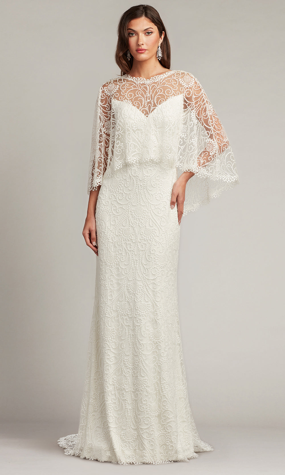 Tadashi Shoji BTW22023LBR - Eagen Draped Overlay Embroidered Sheath Gown Bridal Dresses in White  
