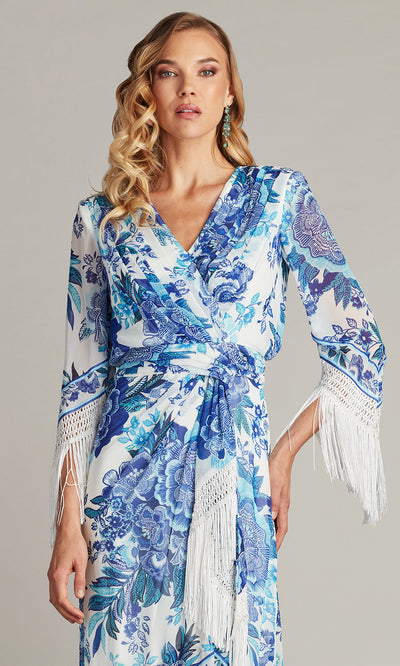 Tadashi Shoji CHZ25450MD - V-Neck Mair Floral Print Tassel Fringe Wrap Dress Formal Gowns