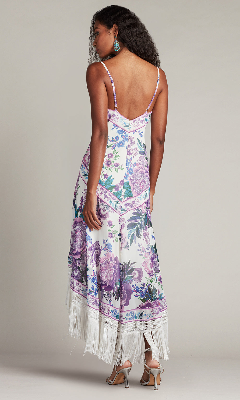 Tadashi Shoji CHZ25455MD - High Low Chiffon (100% Polyester) A-line Dress - Spaghetti Straps, Floral Print, Tassel Fringe Trim, Open Back, Concealed Back Zipper ADASA Tadashi Shoji CHZ25455MD - High Low Chiffon (100% Polyester) A-line Dress - Spaghetti Straps, Floral Print, Tassel Fringe Trim, Open Back, Concealed Back Zipper ADASA