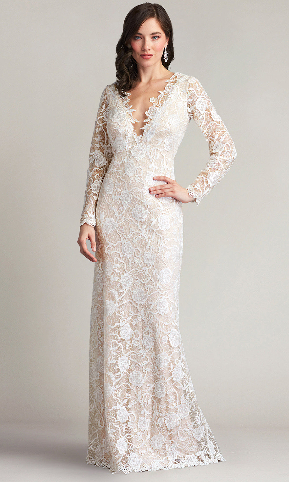 Tadashi Shoji AYB17396LBR - Long Sleeve Embroidered Column Margery Gown Wedding Dresses