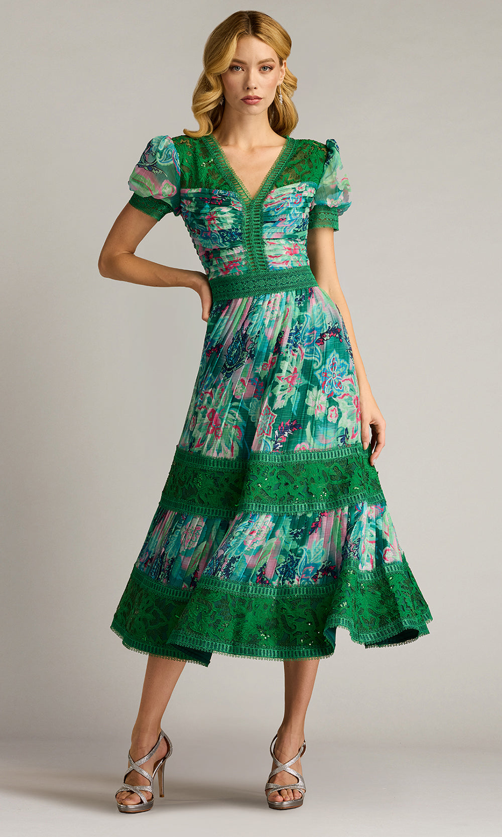 Tadashi Shoji CHP25198MD - V-Neckline Ambria Floral Print Midi Dress Homecoming Dresses