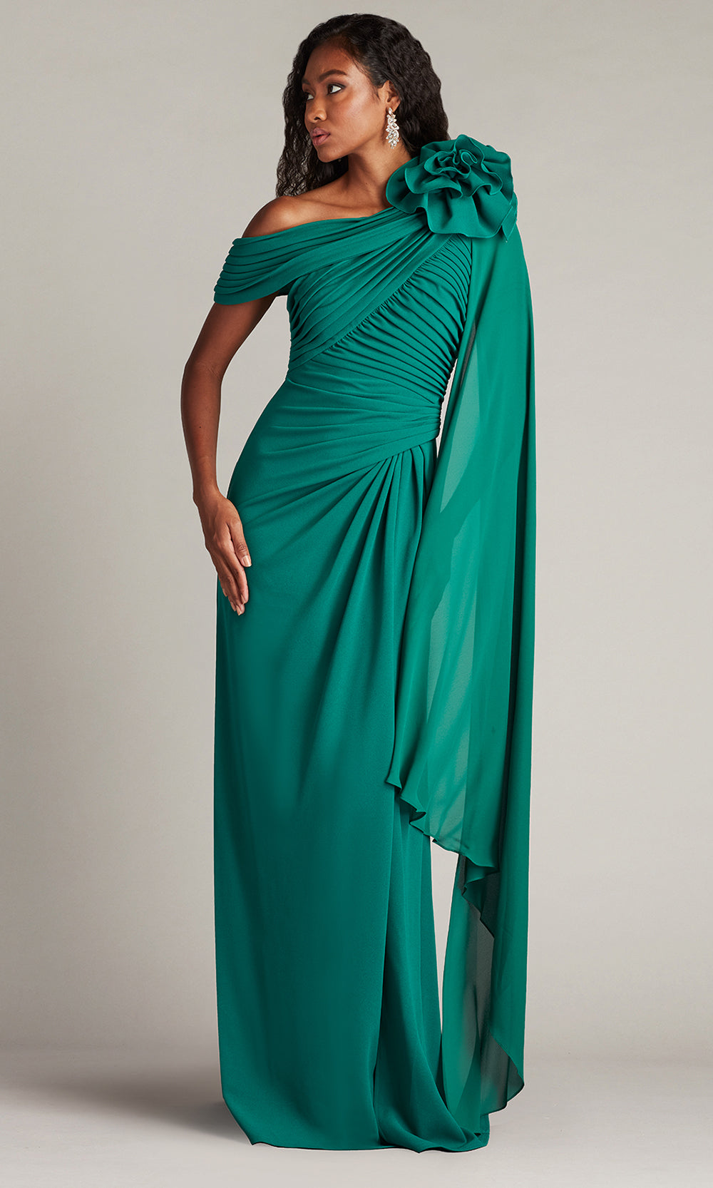 Tadashi Shoji BOS24012L - Kamari Draped Rosette Shoulder Crepe Gown Mother of the Bride Dresses