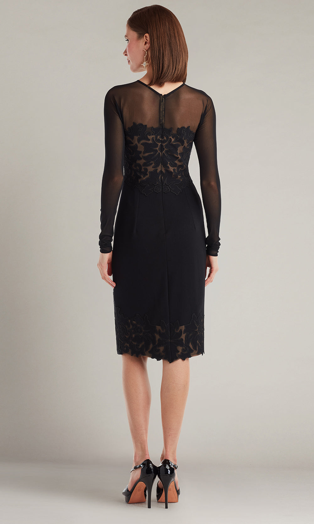 Tadashi Shoji CIN25515M - Long Sleeve Calia Laser-Cut Crepe Dress Cocktail Dresses in Black and Neutral