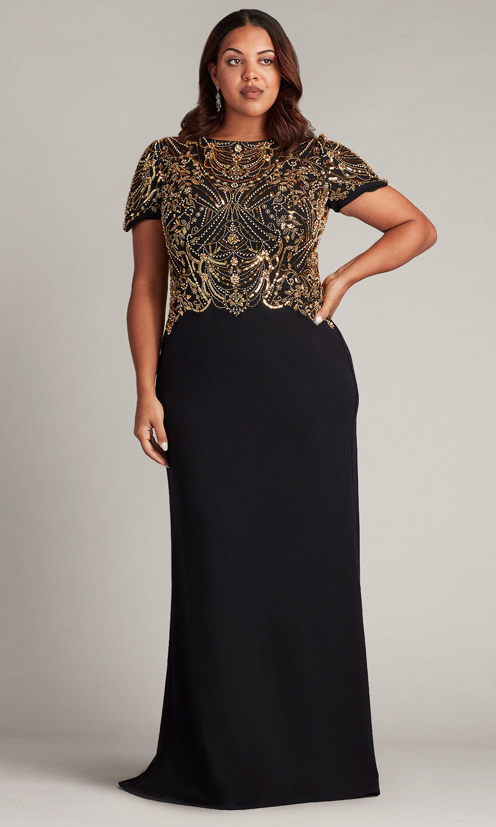 Tadashi Shoji CCY23406LQ - Edry Embellished Crepe Formal Gown - Plus Size Mother of the Bride Dresses in Gold and Black