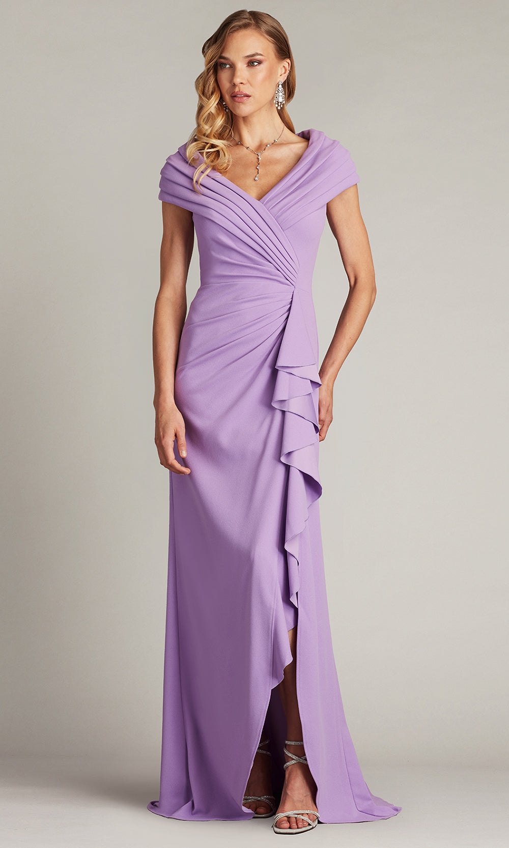 Tadashi Shoji BOS24740L - Talise Waterfall Flounce Sheath Evening Gown Prom Dresses in Purple  