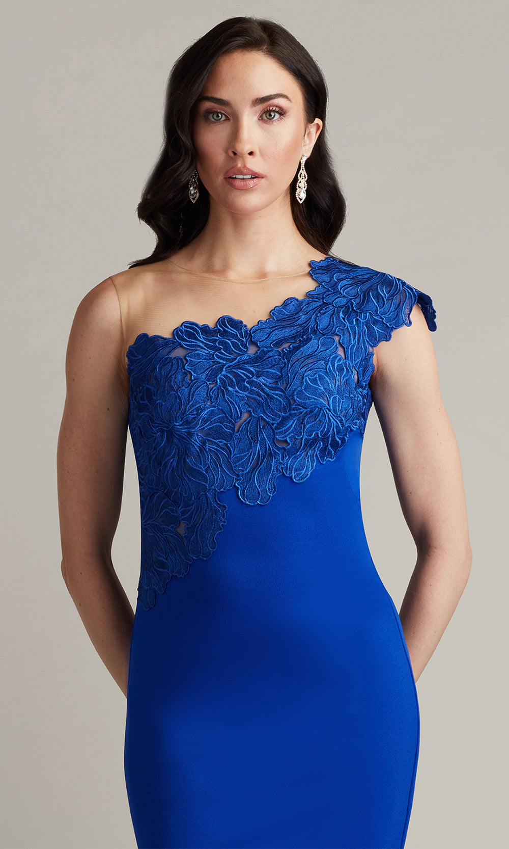 Tadashi Shoji CHG24915M - Reya One-Shoulder Embroidered Illusion Evening Dress Cocktail Dresses in Blue  