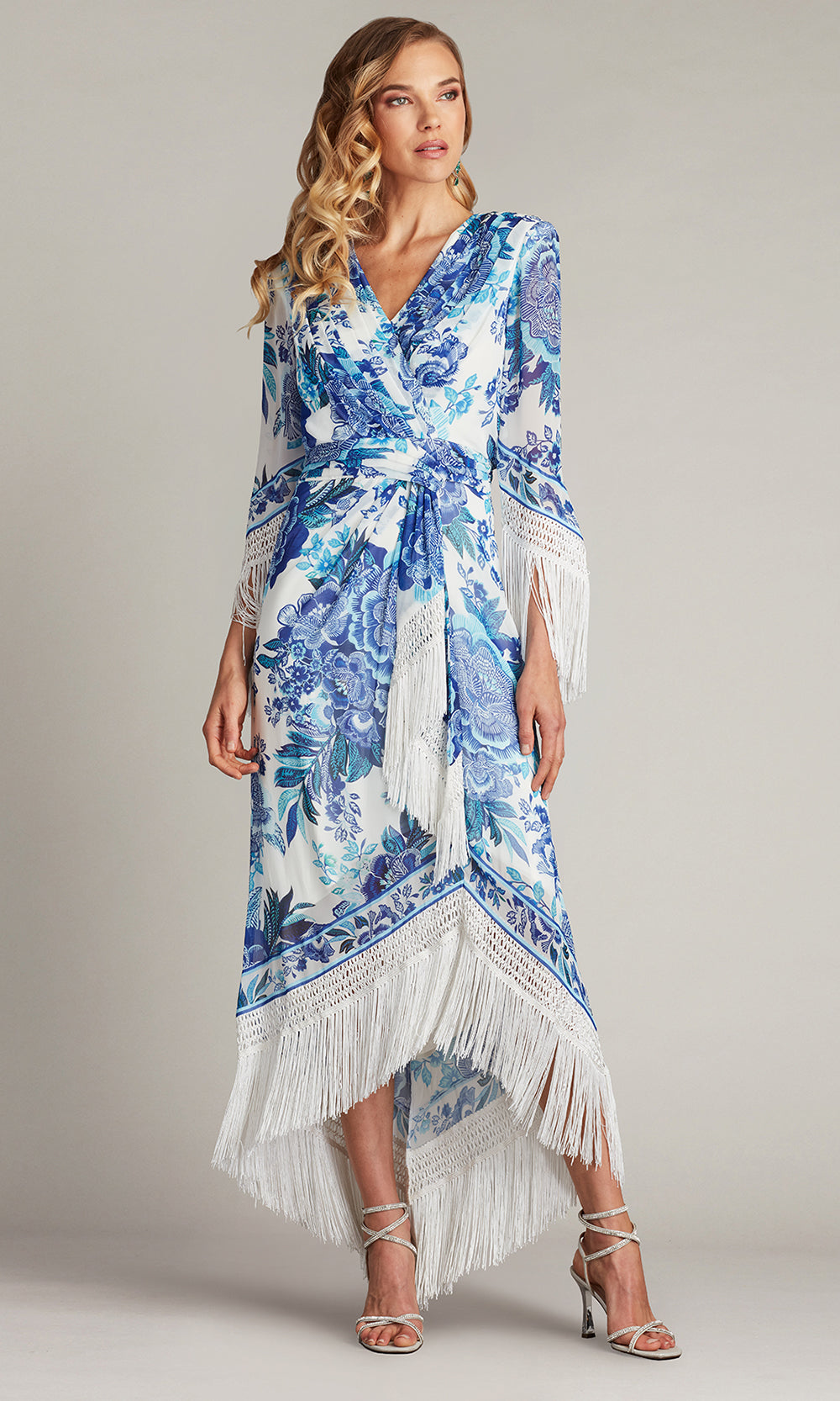 Tadashi Shoji CHZ25450MD - V-Neck Mair Floral Print Tassel Fringe Wrap Dress Formal Gowns