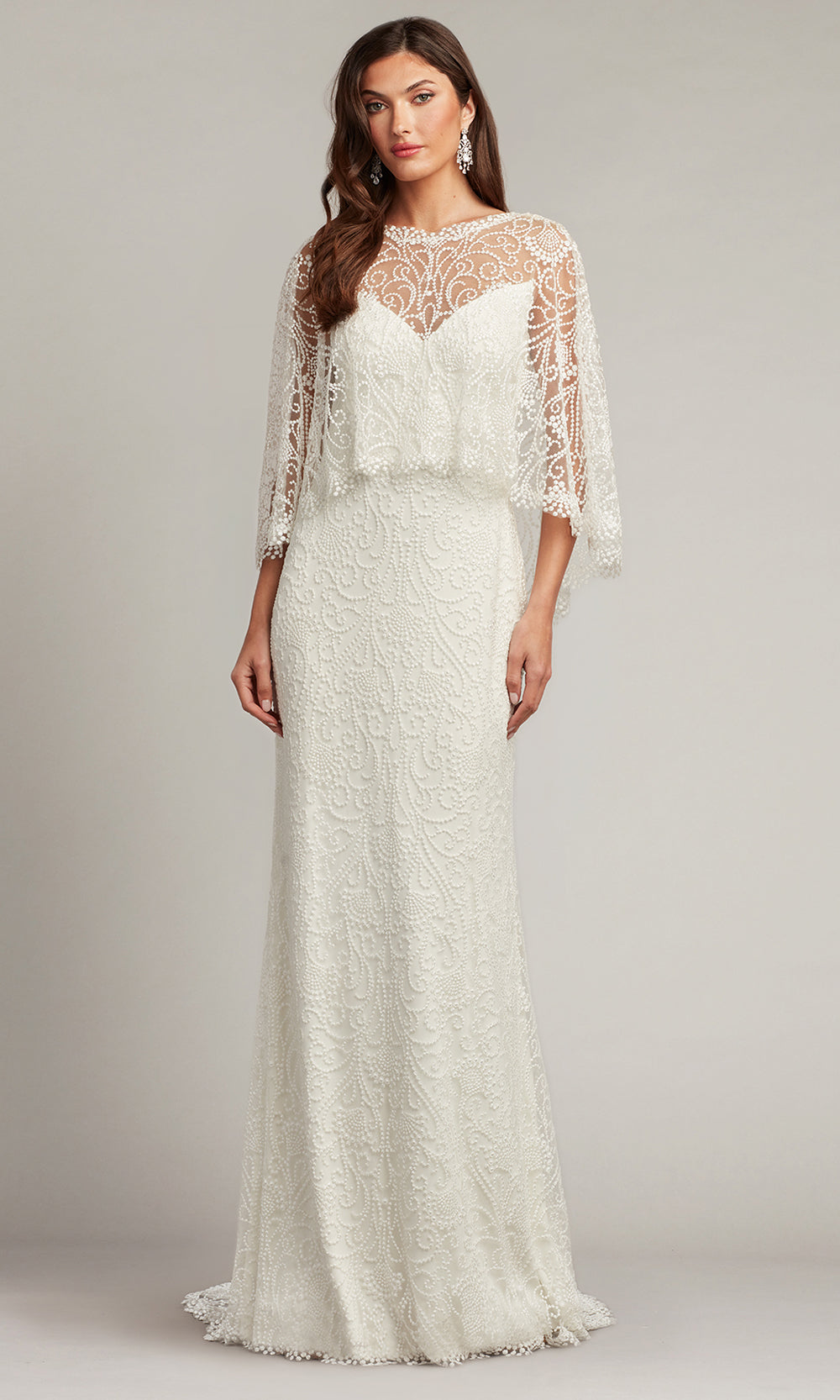 Tadashi Shoji BTW22023LBR - Eagen Draped Overlay Embroidered Sheath Gown Bridal Dresses in White  