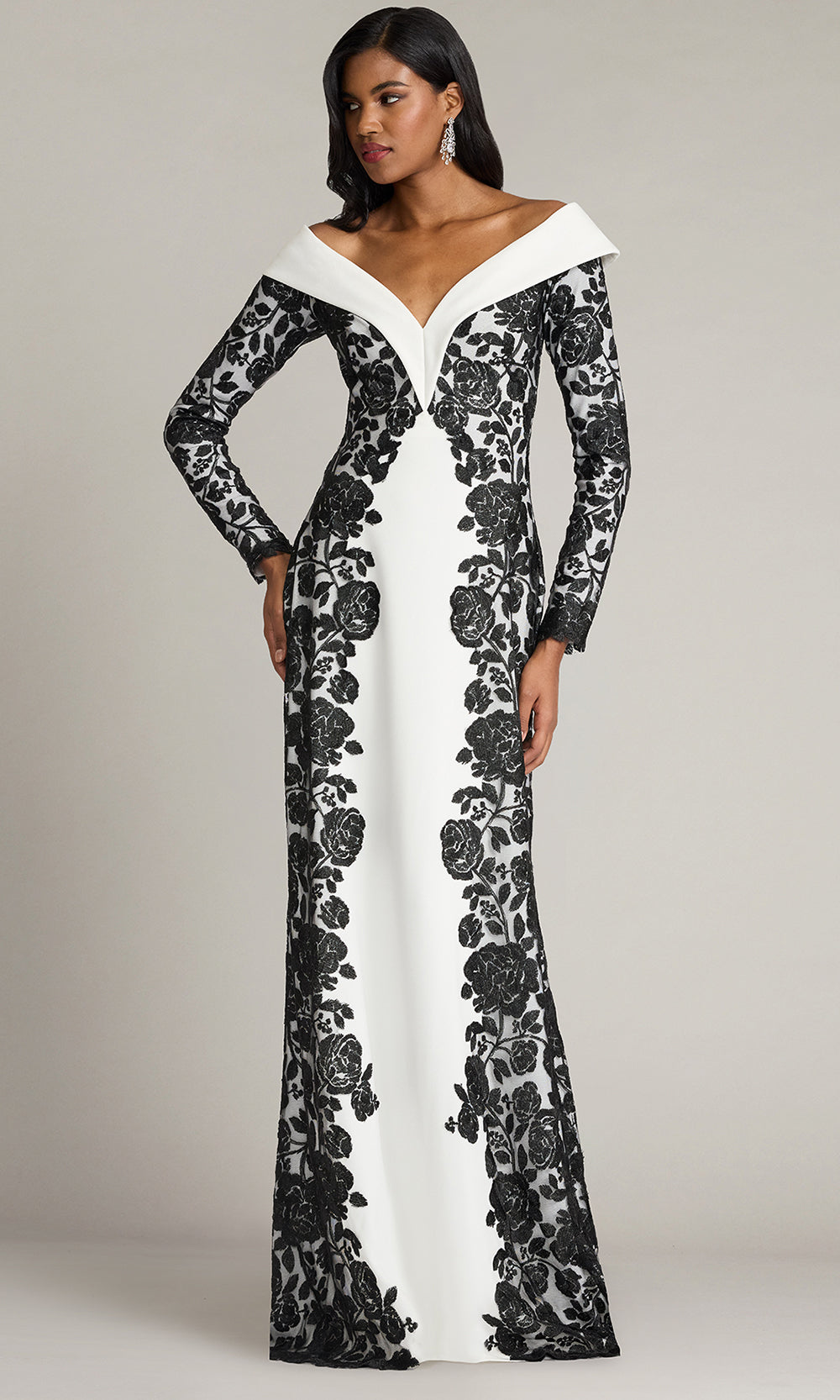 Tadashi Shoji CJH26120L - Melara Off-Shoulder Embroidered Crepe Formal Gown Formal Gowns in Black and White