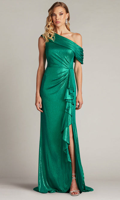 Tadashi Shoji BSJ25441L - Boise Metallic Waterfall Flounce Asymmetric Gown Formal Gowns