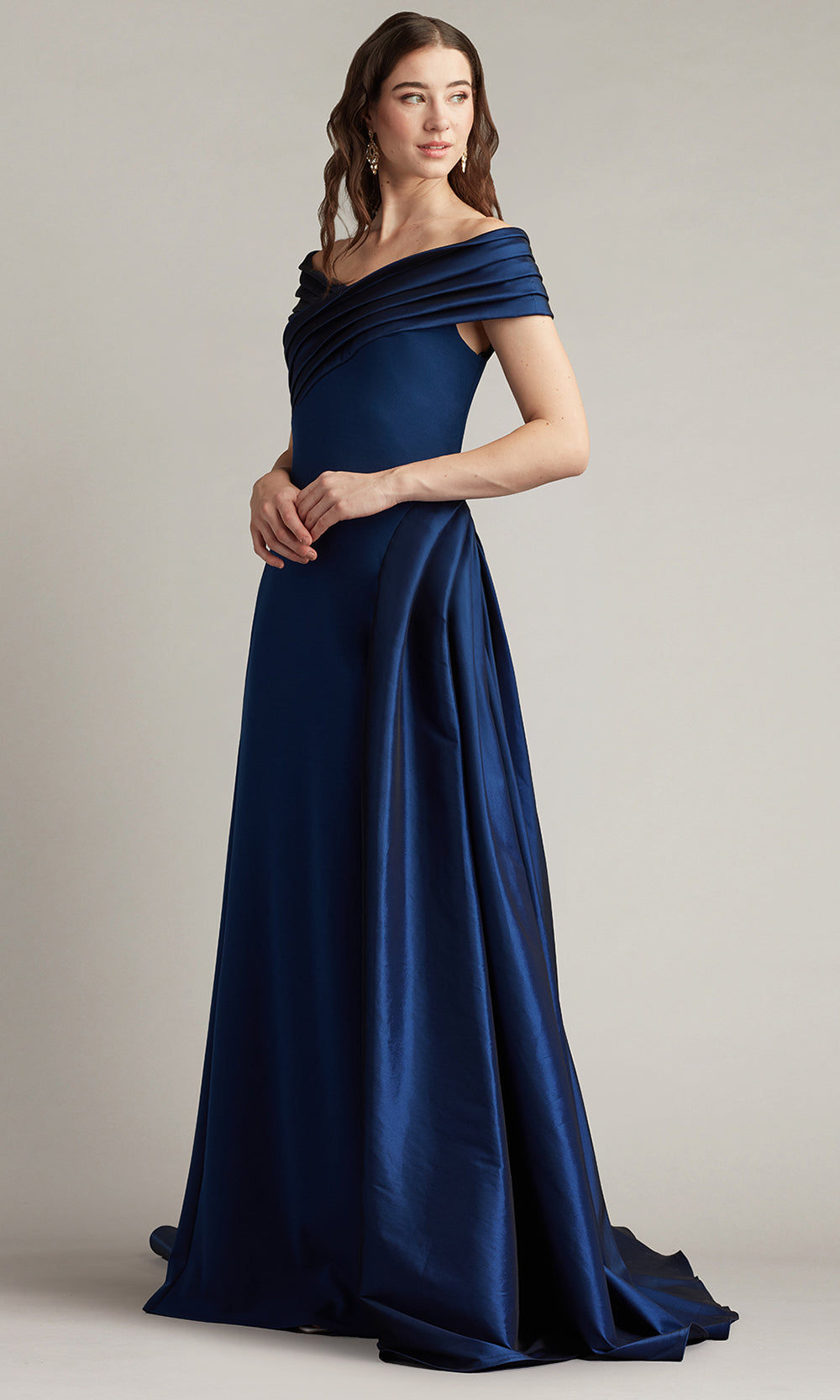 Tadashi Shoji BOS25530L - Off Shoulder Elysian Draped Overlay Train Gown Prom Dresses in Navy  