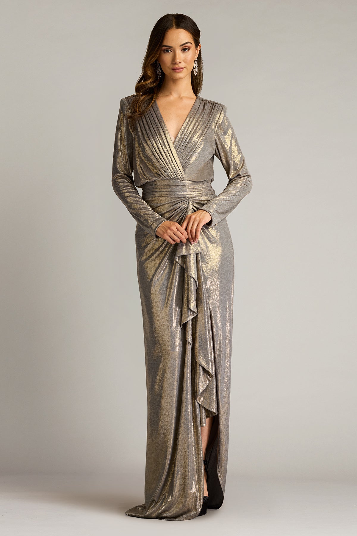 Tadashi Shoji BSJ25106L - Pomona Metallic Waterfall Flounce V-Neckline Gown Mother of the Bride Dresses in Gray  