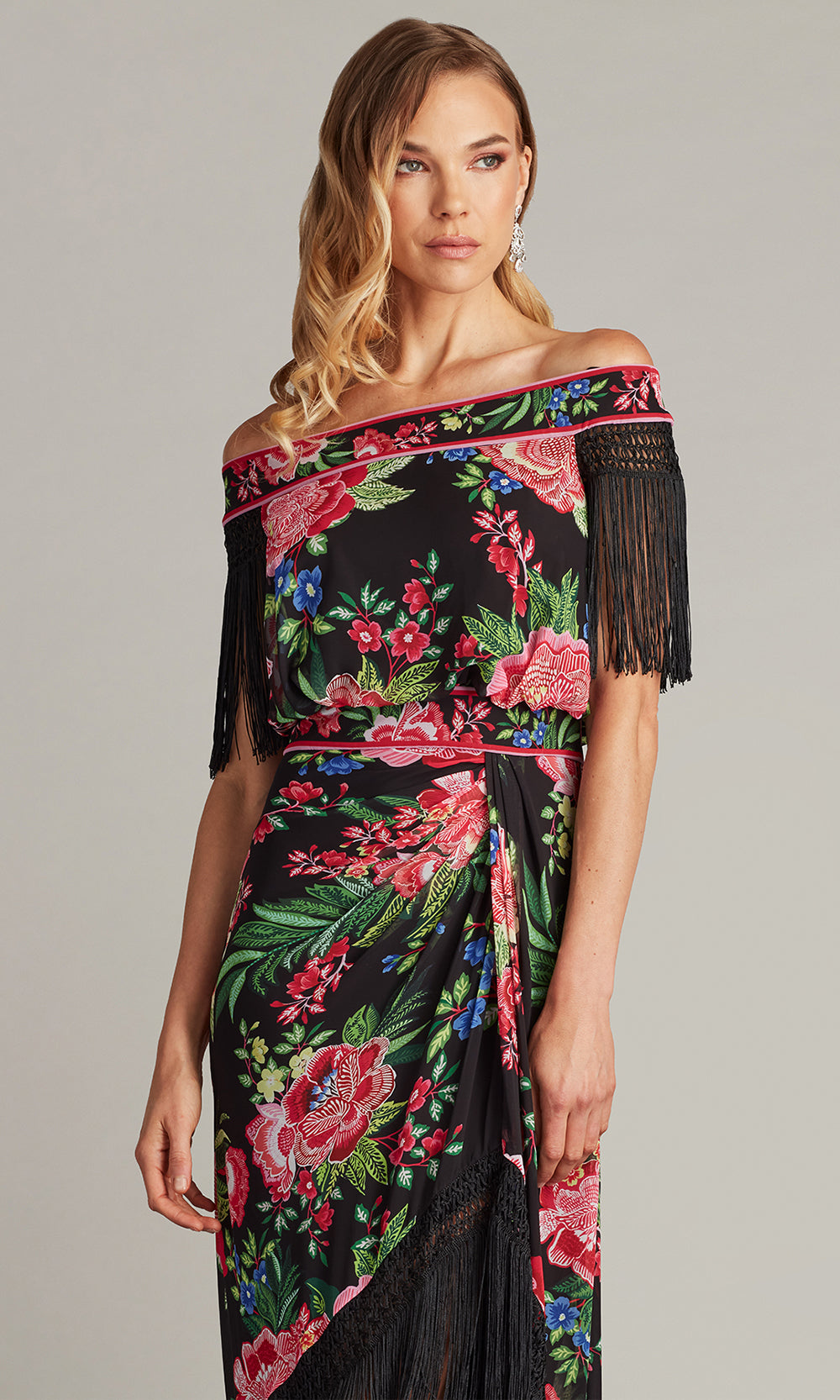 Tadashi Shoji CHZ25454MD - Off Shoulder Kaiser Floral Fringe Midi Dress Cocktail Dresses in Black and Multi