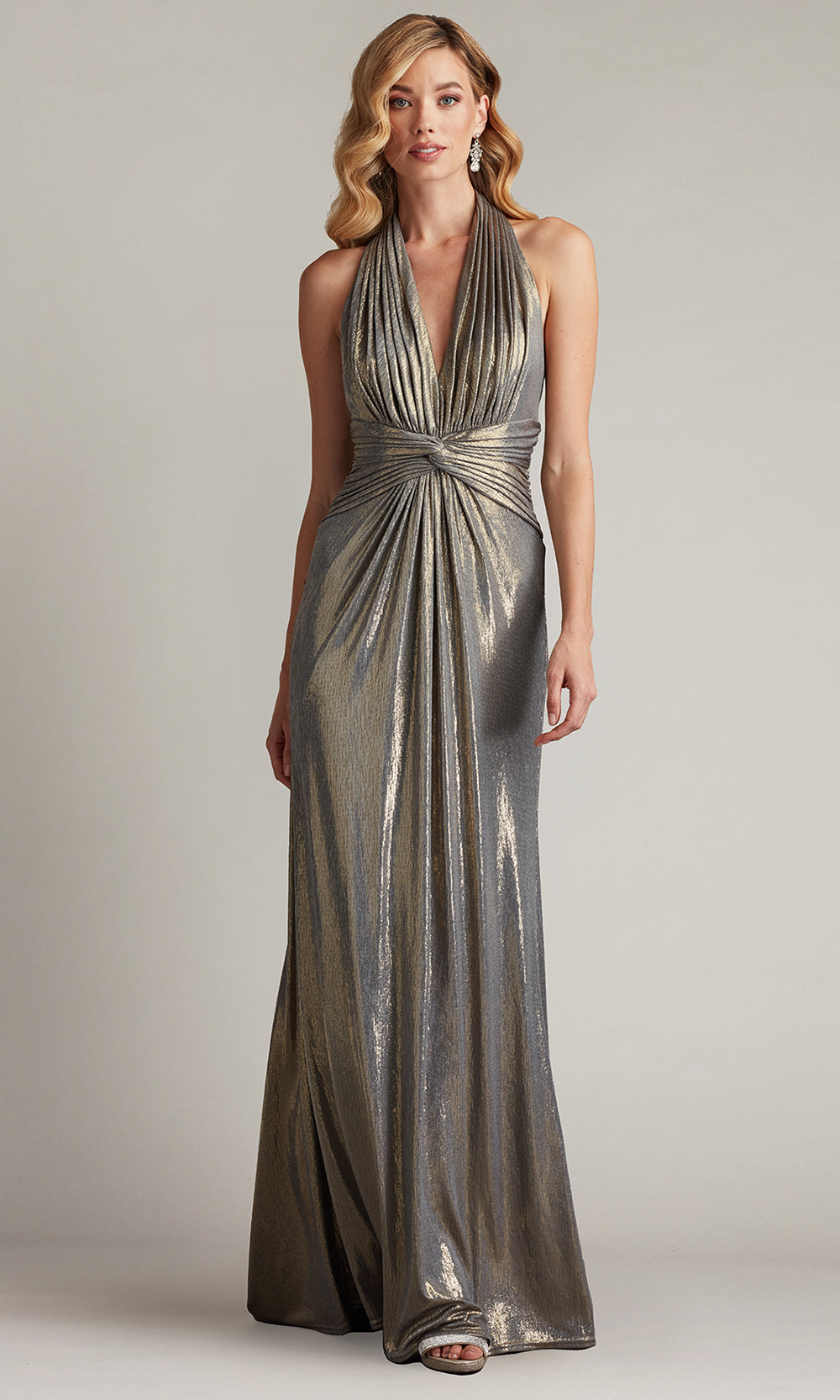 Tadashi Shoji BSJ25803L - Mona Pleated Metallic Halter Sleeveless Gown Prom Dresses in Silver  