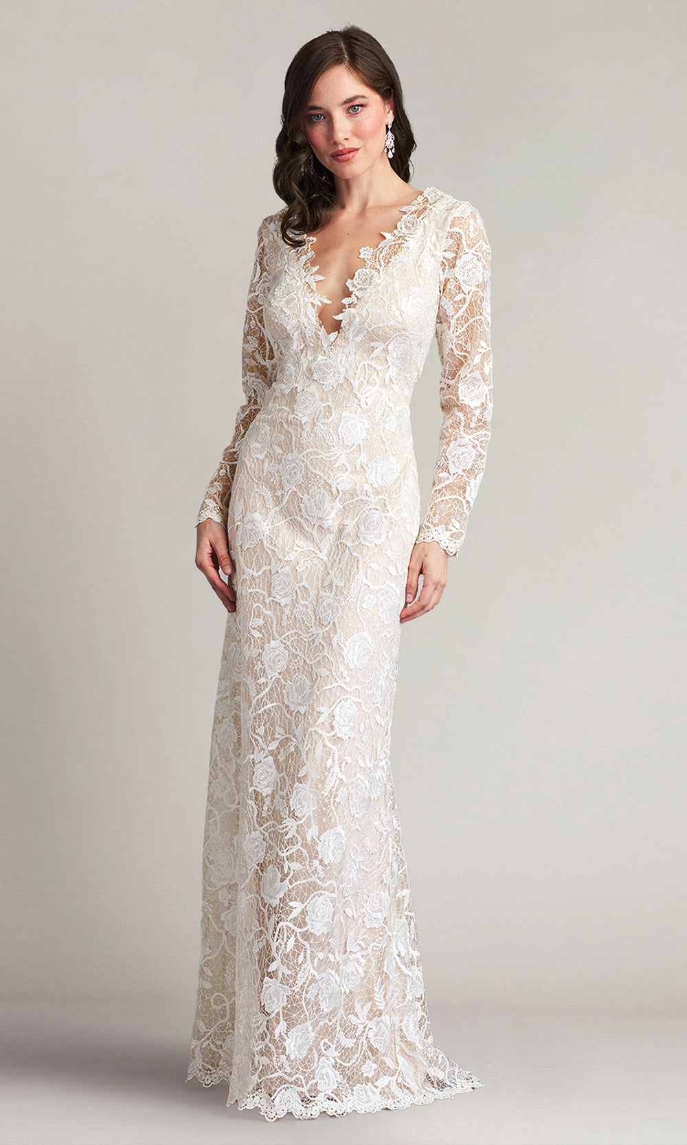 Tadashi Shoji AYB17396LBR - Long Sleeve Embroidered Column Margery Gown Wedding Dresses in White  