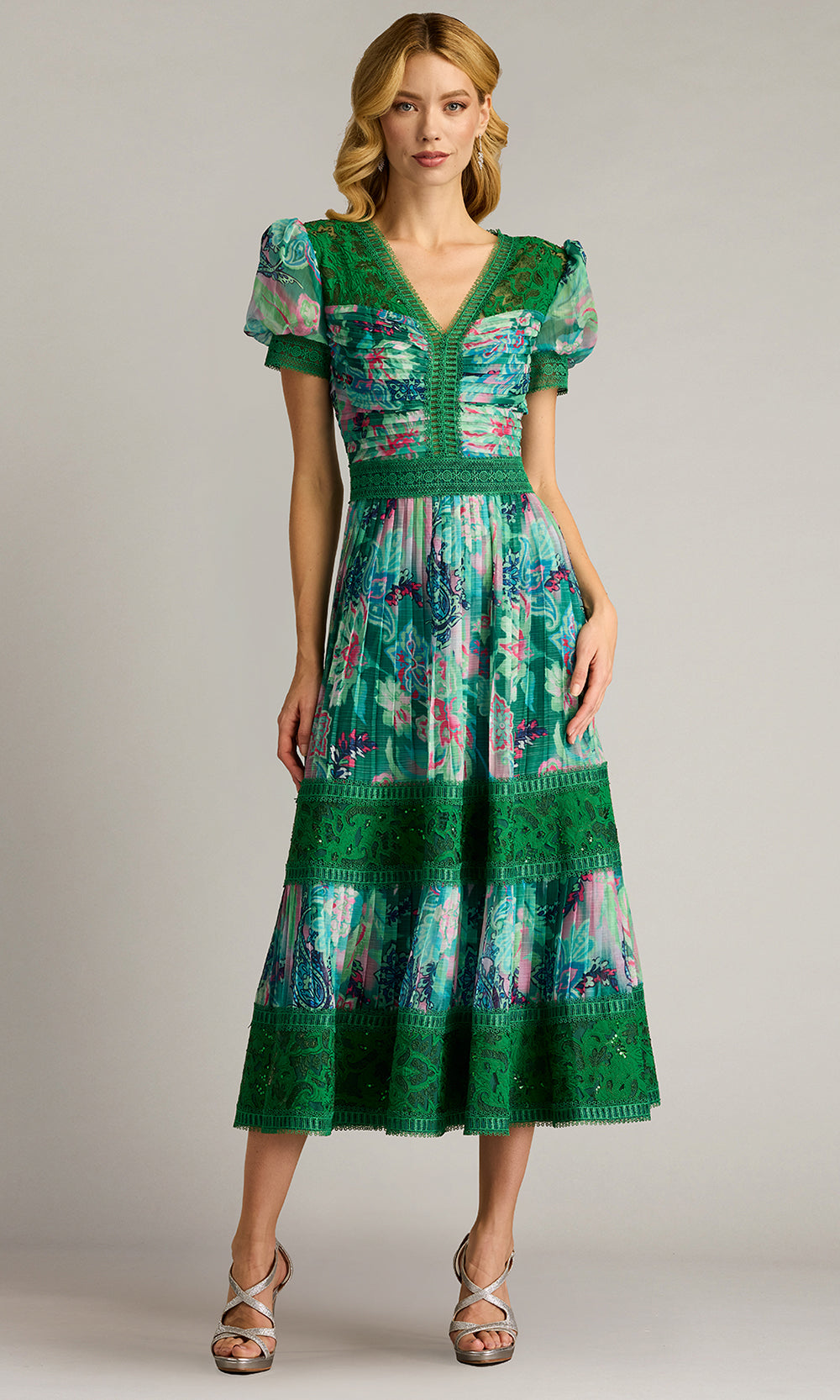 Tadashi Shoji CHP25198MD - V-Neckline Ambria Floral Print Midi Dress Homecoming Dresses