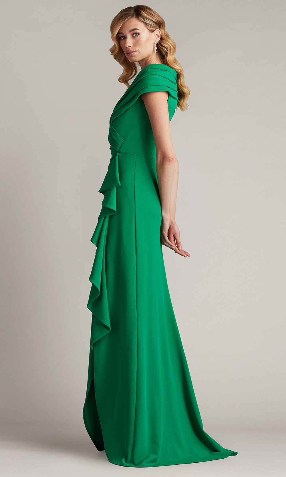 Tadashi Shoji BOS24740L - Talise Waterfall Flounce Sheath Evening Gown Prom Dresses in Green  