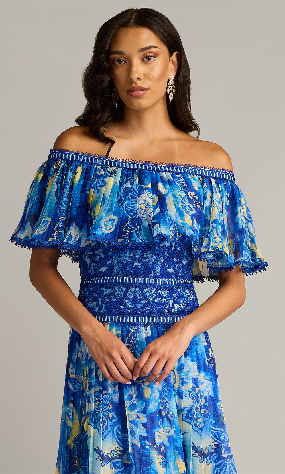 Tadashi Shoji CHP25187MD - Off Shoulder Amary Floral Pleated Chiffon Midi Dress Homecoming Dresses