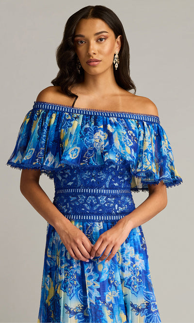 Tadashi Shoji CHP25187MD - Off Shoulder Amary Floral Pleated Chiffon Midi Dress Homecoming Dresses