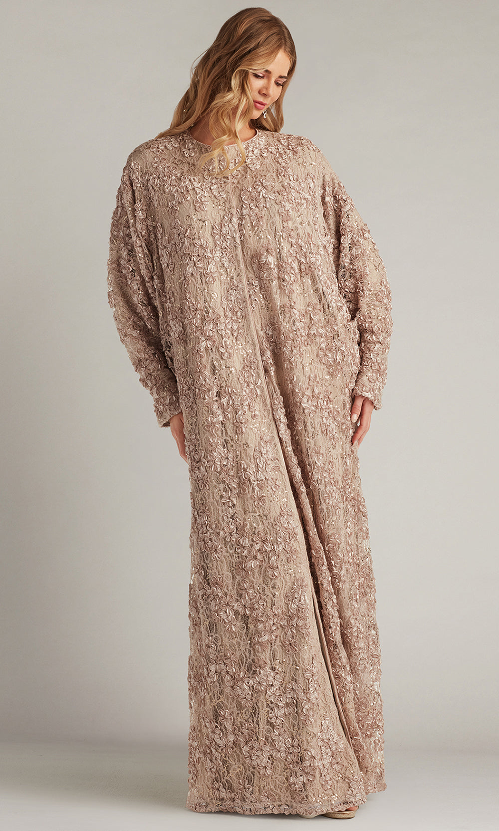 Tadashi Shoji BUK18270L - Embroidered Pattern Jewel Neck Long Gown Formal Gowns in Pink and Brown