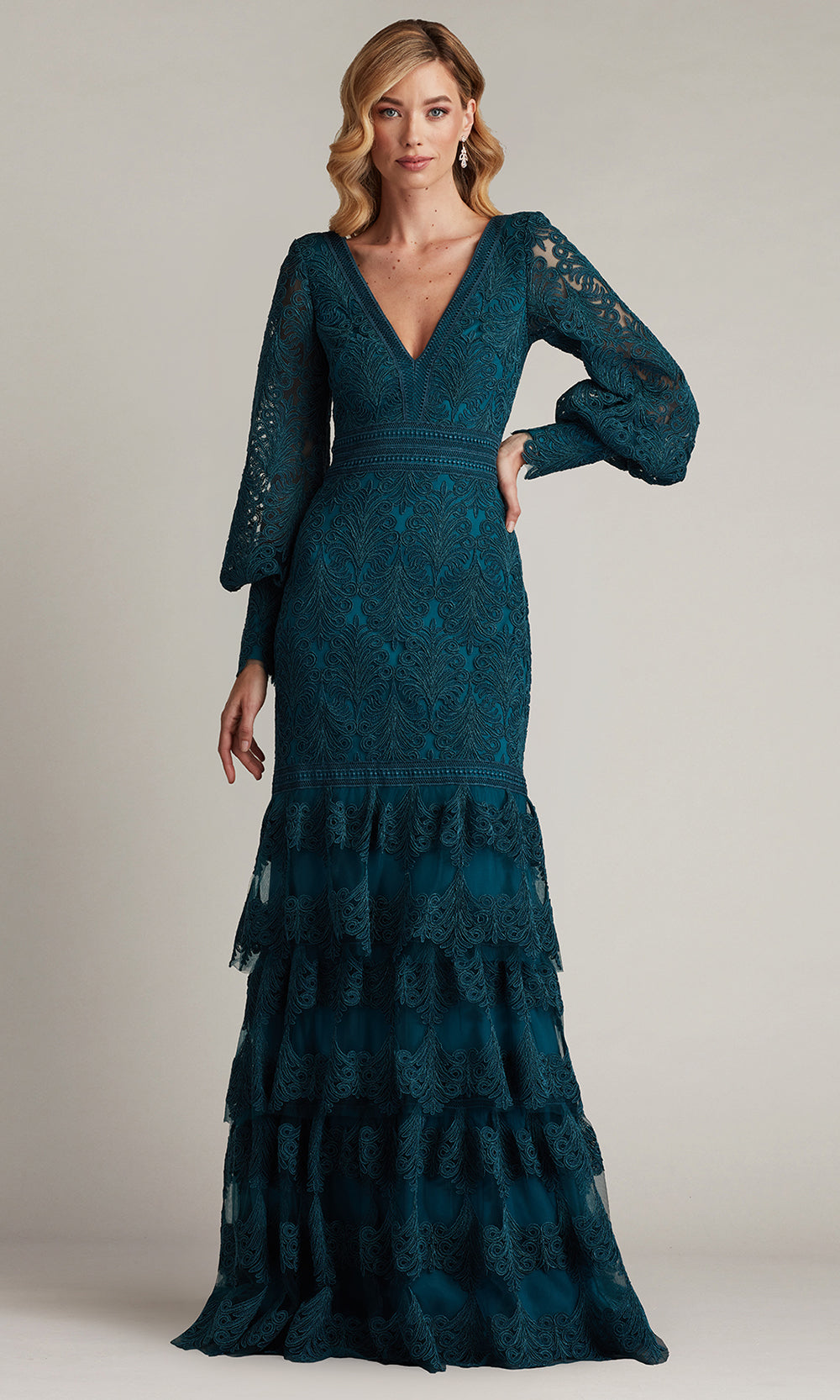 Tadashi Shoji CDY24268L - Bishop Sleeve Aponi Tiered Embroidered Gown Formal Gowns