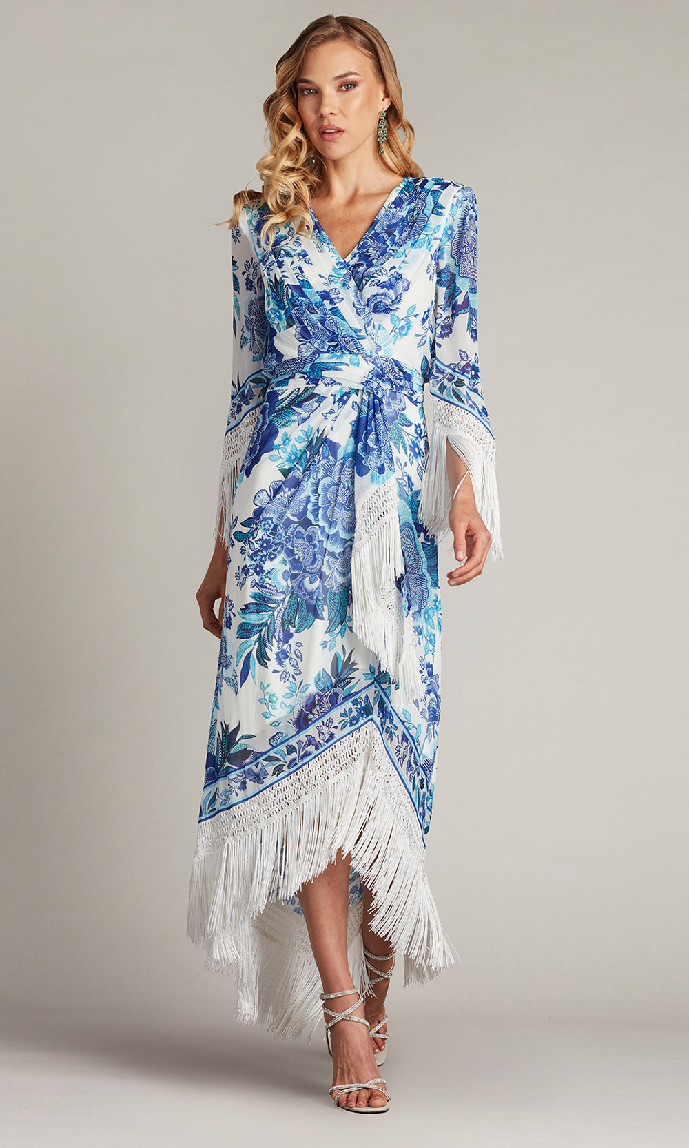 Tadashi Shoji CHZ25450MD - V-Neck Mair Floral Print Tassel Fringe Wrap Dress Formal Gowns