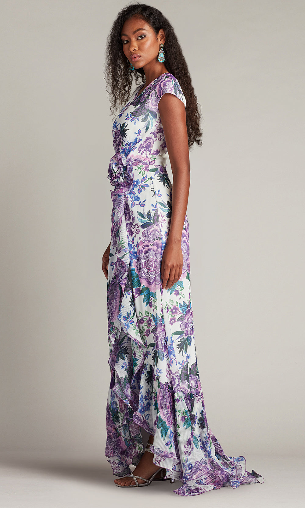 Tadashi Shoji CHZ25459L - Sinai Floral Cascading Ruffle V-Neckline Gown Prom Dresses in White and Purple