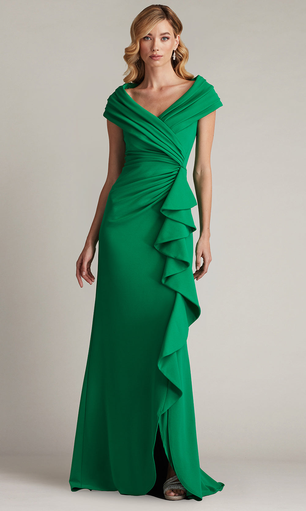 Tadashi Shoji BOS24740L - Talise Waterfall Flounce Sheath Evening Gown Prom Dresses in Green  