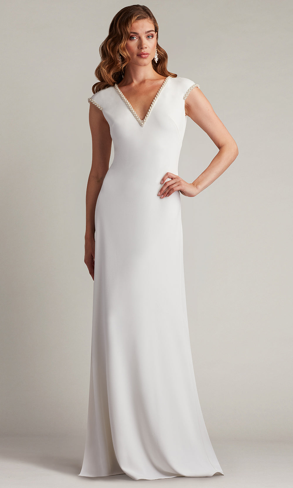 Tadashi Shoji BOS25328LBR - Marcellina Pearl Trim Open Back Bridal Gown Mother of the Bride Dresses in White  