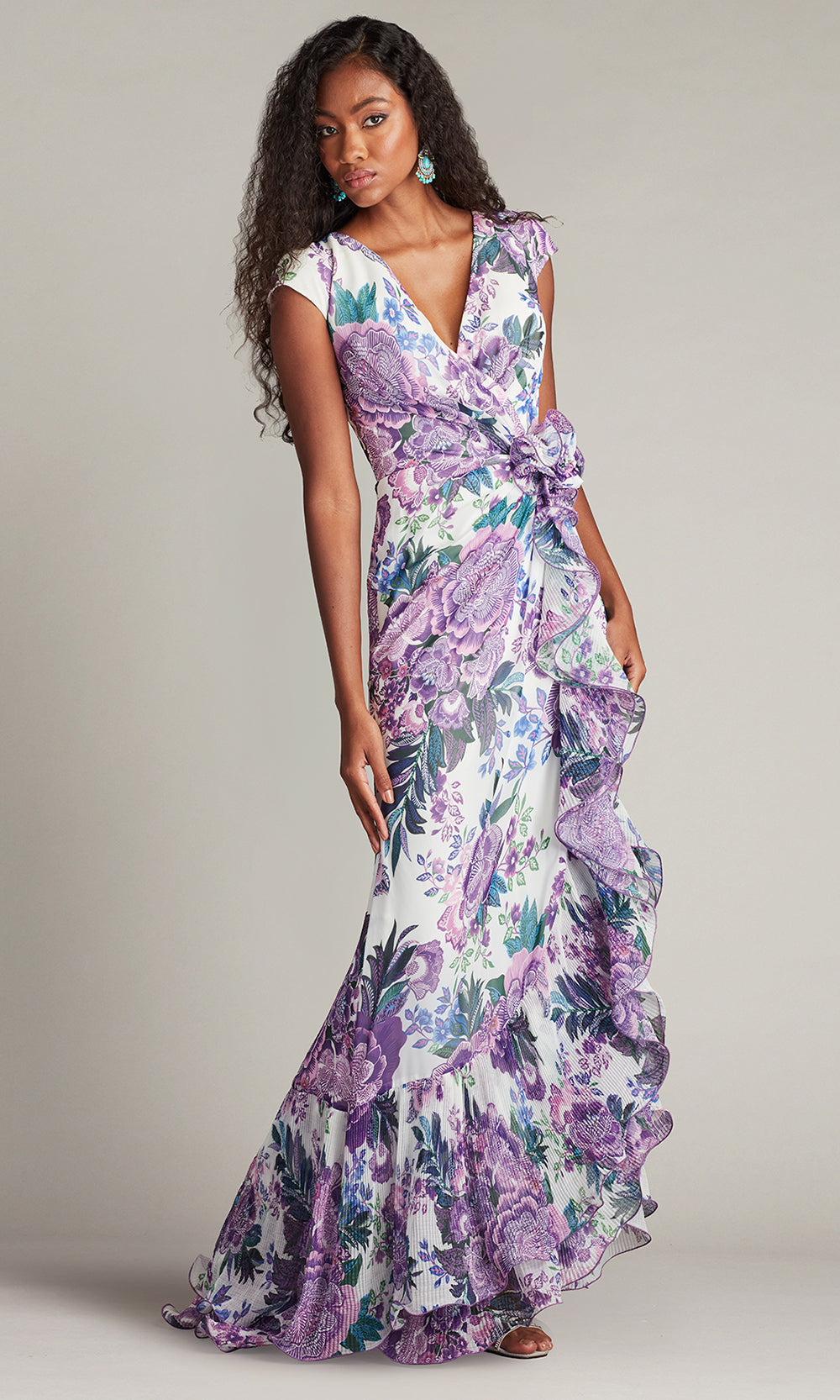 Tadashi Shoji CHZ25459L - Sinai Floral Cascading Ruffle V-Neckline Gown Prom Dresses in White and Purple