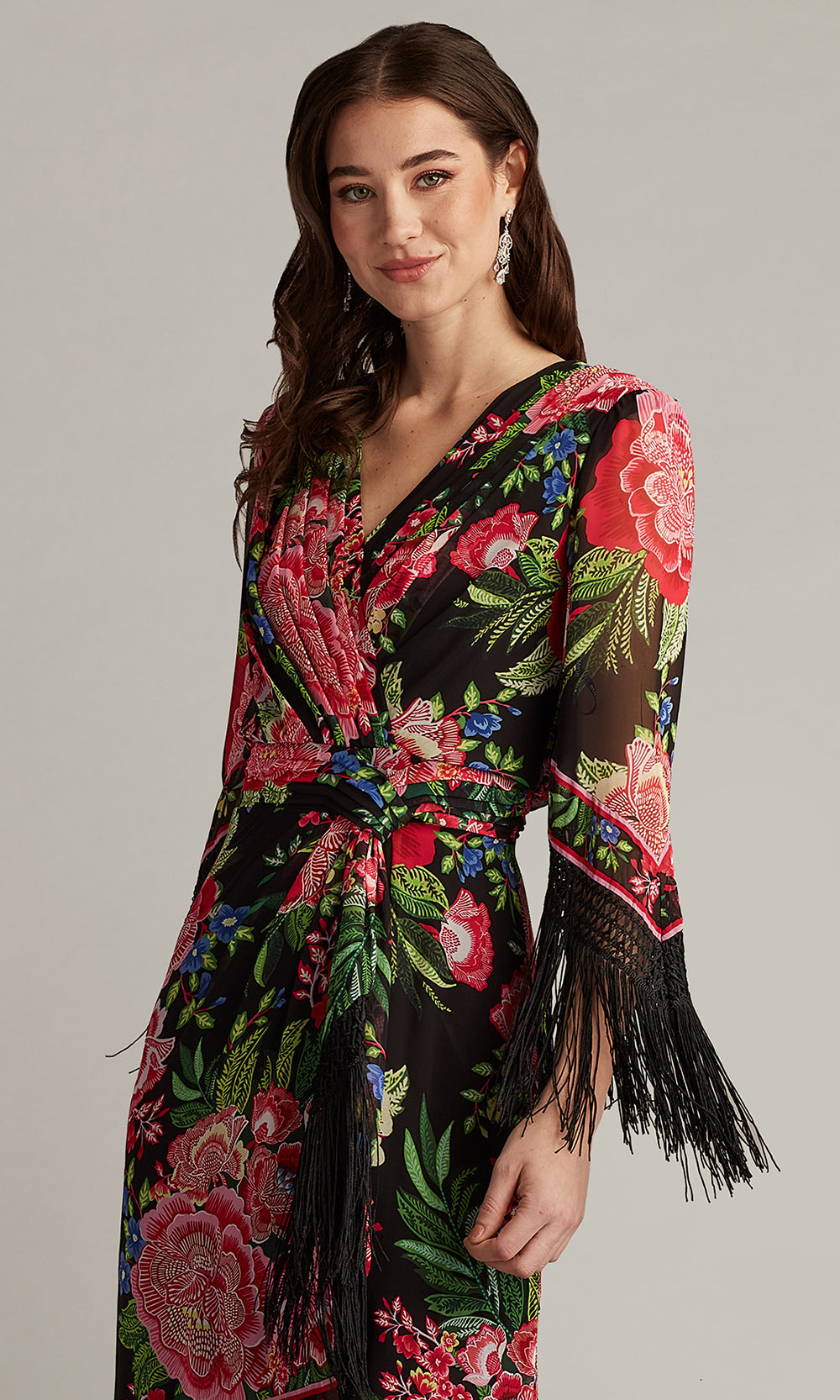 Tadashi Shoji CHZ25450MD - V-Neck Mair Floral Print Tassel Fringe Wrap Dress Formal Gowns