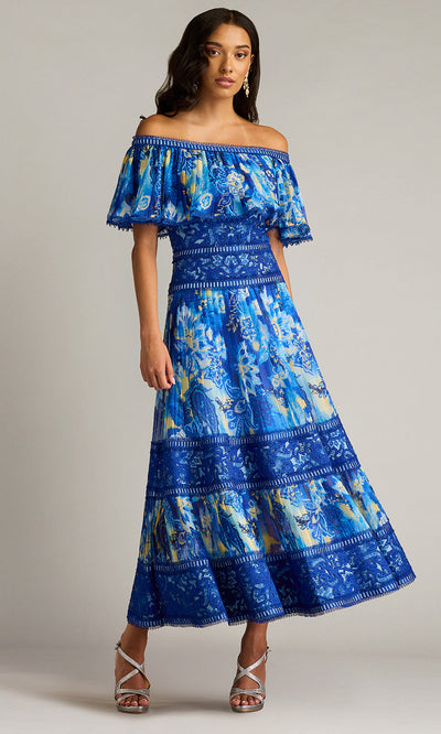 Tadashi Shoji CHP25187MD - Off Shoulder Amary Floral Pleated Chiffon Midi Dress Homecoming Dresses