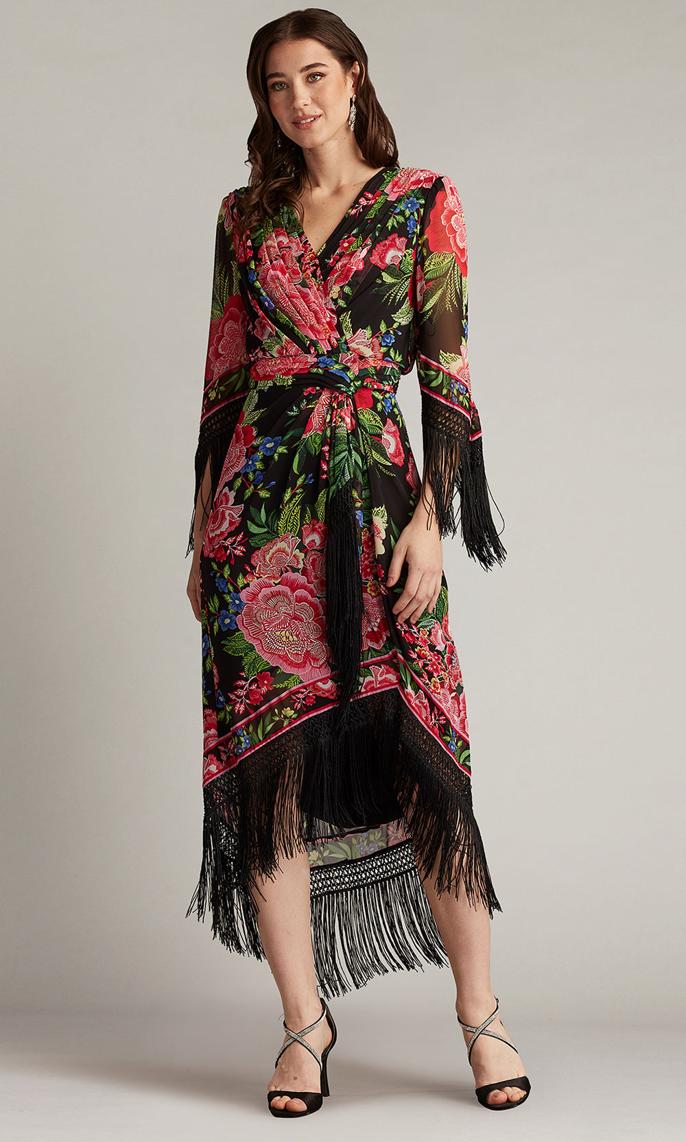 Tadashi Shoji CHZ25450MD - V-Neck Mair Floral Print Tassel Fringe Wrap Dress Formal Gowns