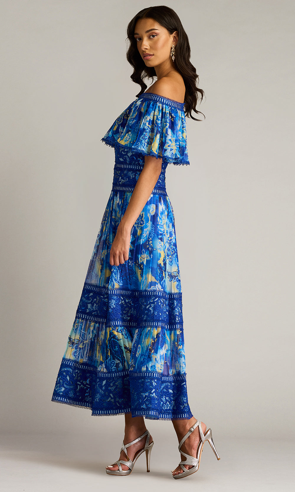 Tadashi Shoji CHP25187MD - Off Shoulder Amary Floral Pleated Chiffon Midi Dress Homecoming Dresses