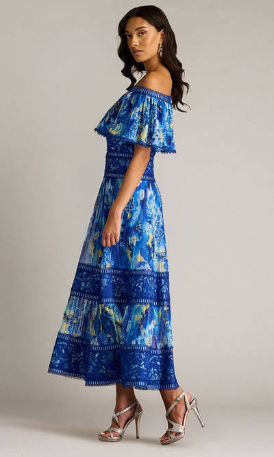 Tadashi Shoji CHP25187MD - Off Shoulder Amary Floral Pleated Chiffon Midi Dress Homecoming Dresses