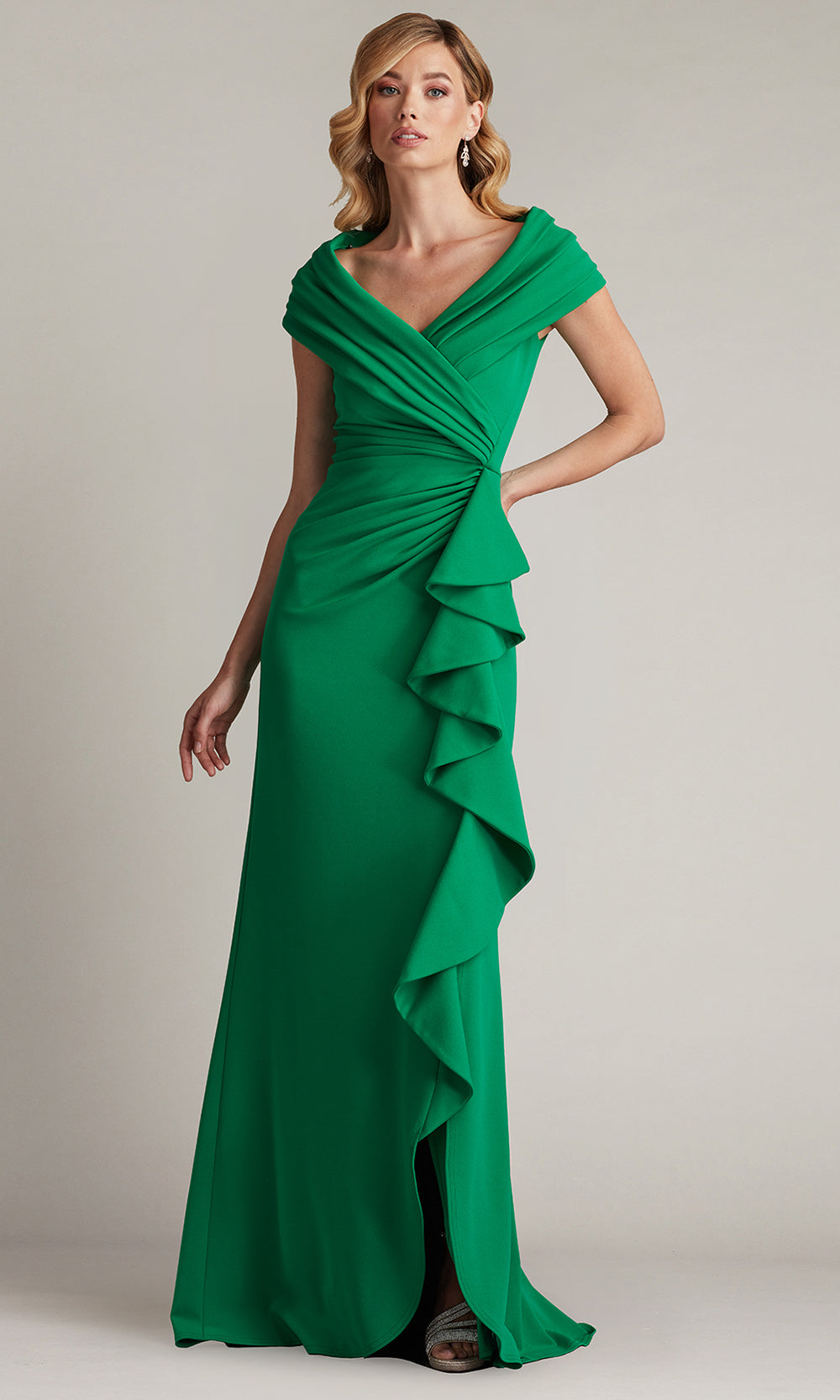 Tadashi Shoji BOS24740L - Talise Waterfall Flounce Sheath Evening Gown Prom Dresses in Green  