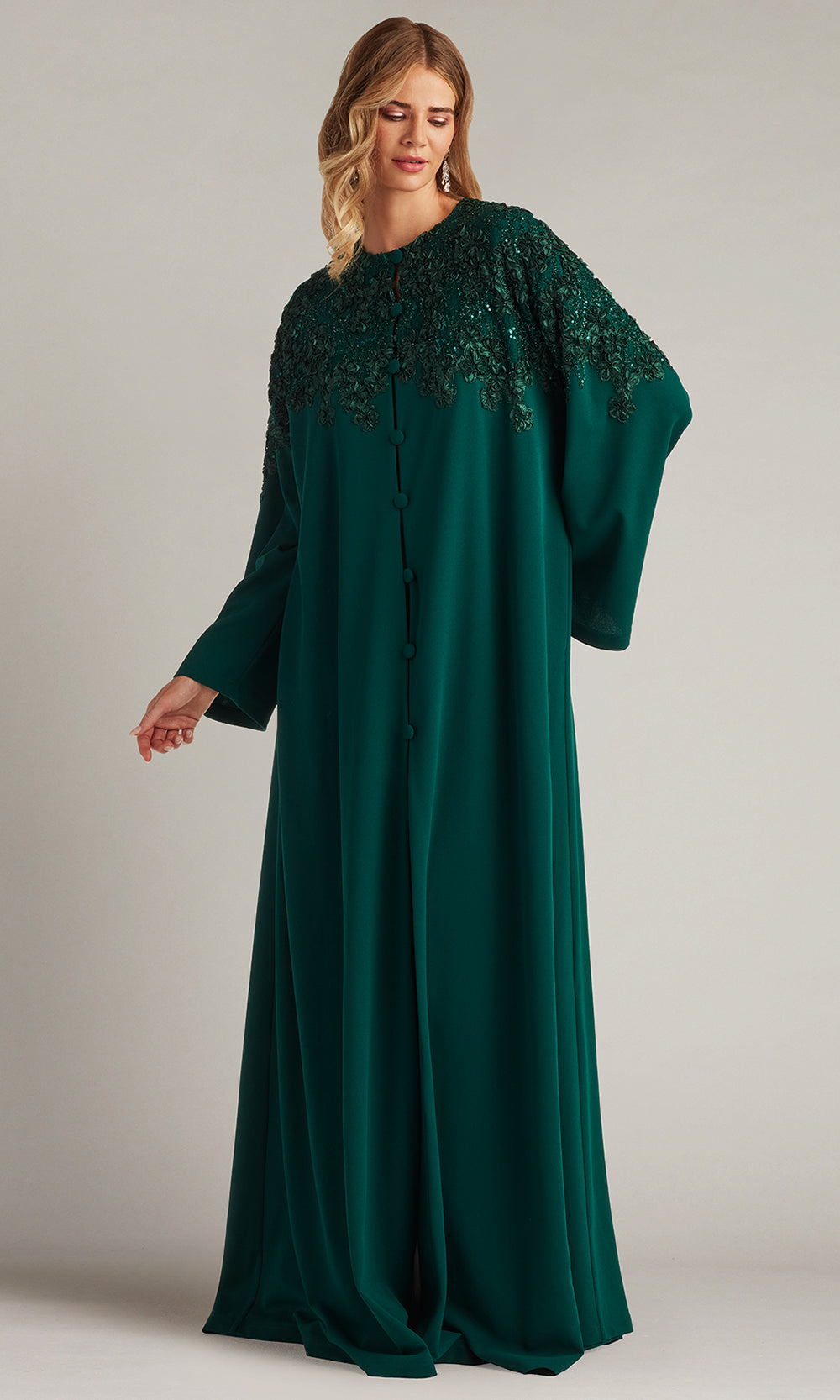 Tadashi Shoji BUK18267L - Caftan Jewel Neckline Gown with Embroidery Formal Gowns in Green  